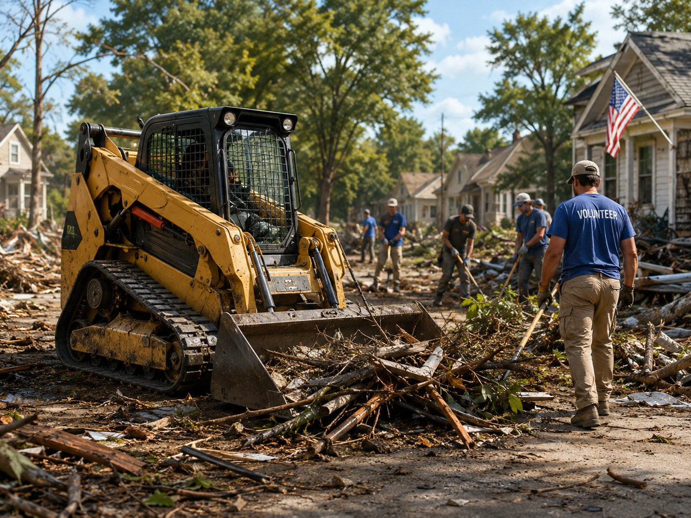 Bobcat clearing storm debris while volunteers in blue shirts help a neighborhood recover